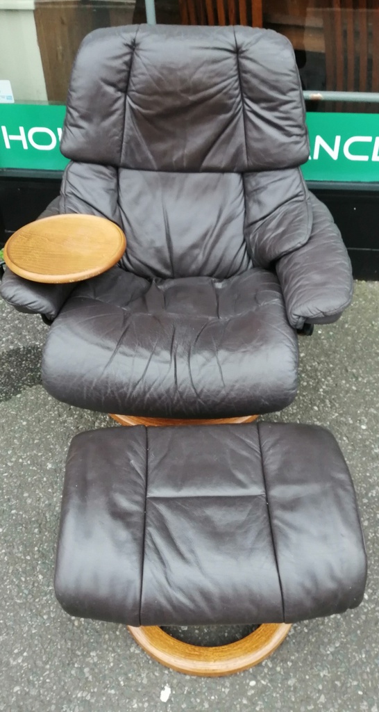 STRESSLESS Brown Leather Recliner Chair with Footstool &amp; Side Table