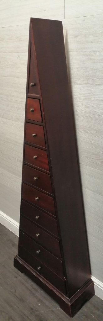 DARK WOOD PYRAMID CHEST OF 9 DRAWERS