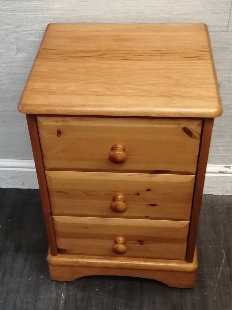 Quality solid pine three drawer bedside chest