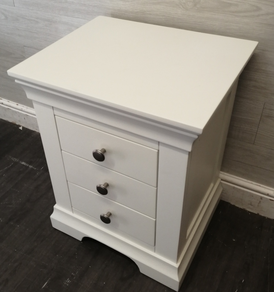 Quality three drawer white bedside