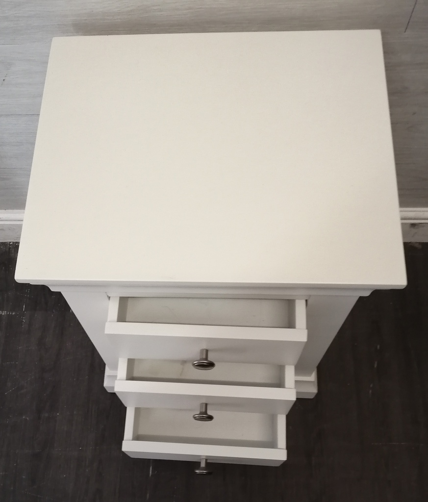 Quality three drawer white bedside
