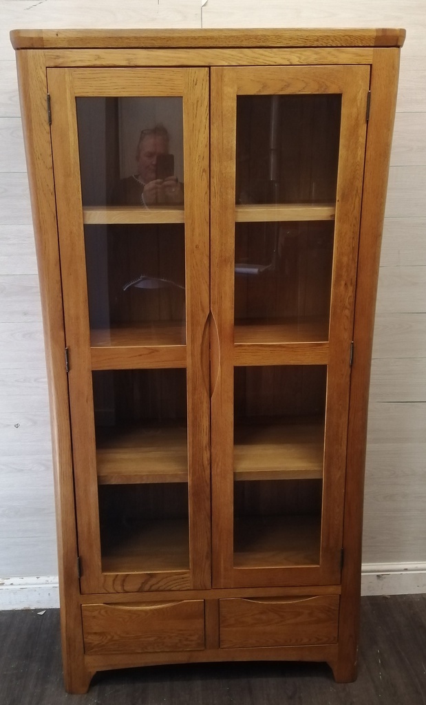 OAK GLAZED FRONTED DISPLAY UNIT WITH DRAWERS