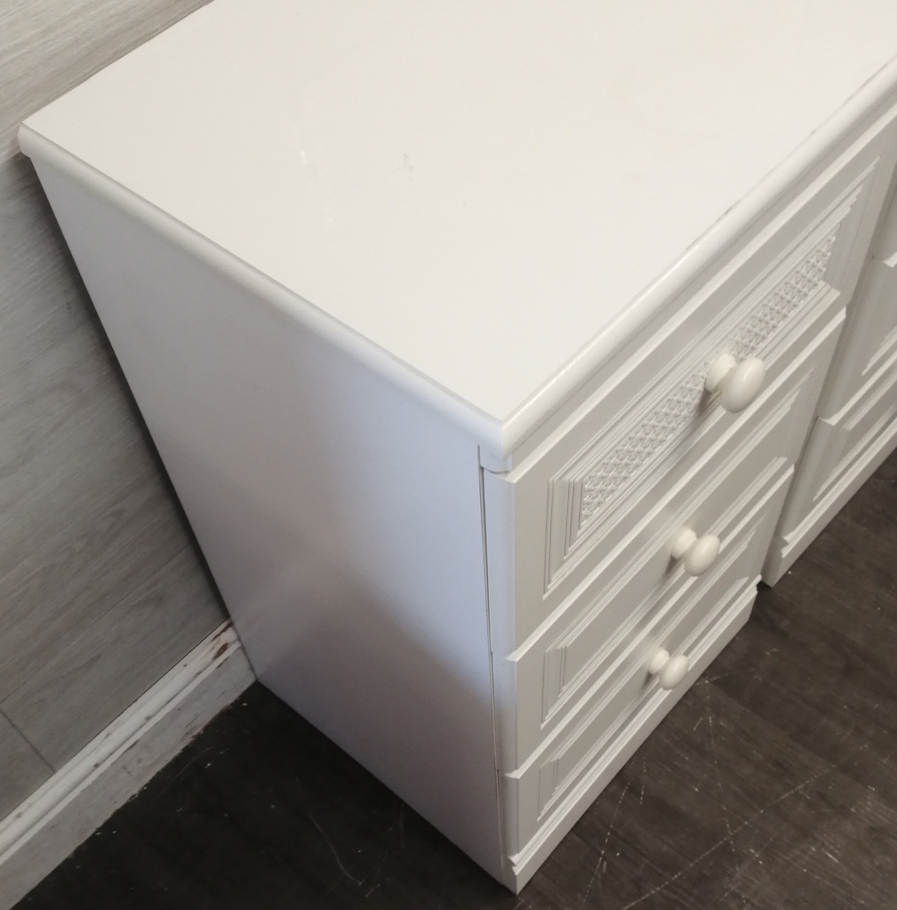 PAIR ALSTONS WHITE THREE DRAWER BEDSIDE CHESTS