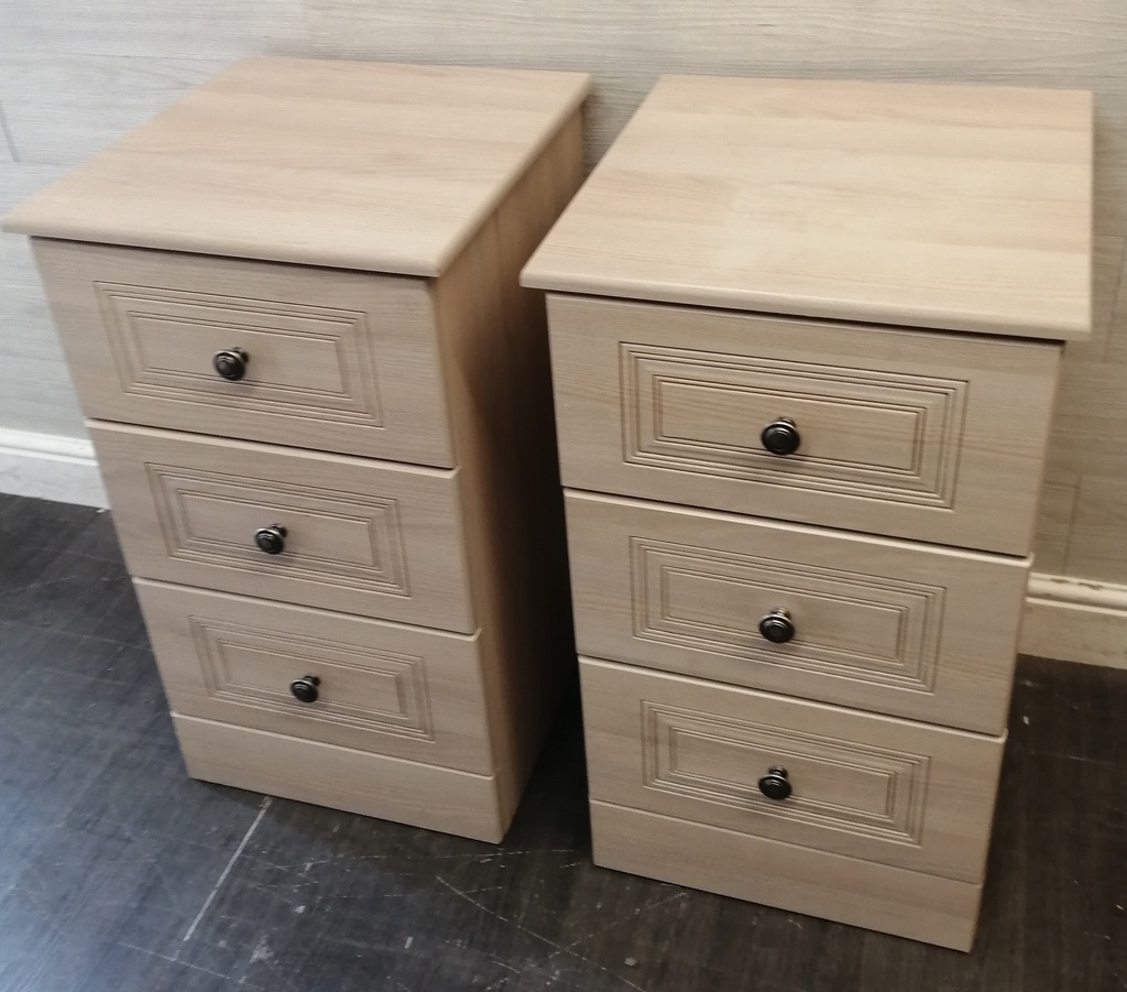 PAIR OF TALL THREE DRAWER CREAM BEDSIDE CHESTS