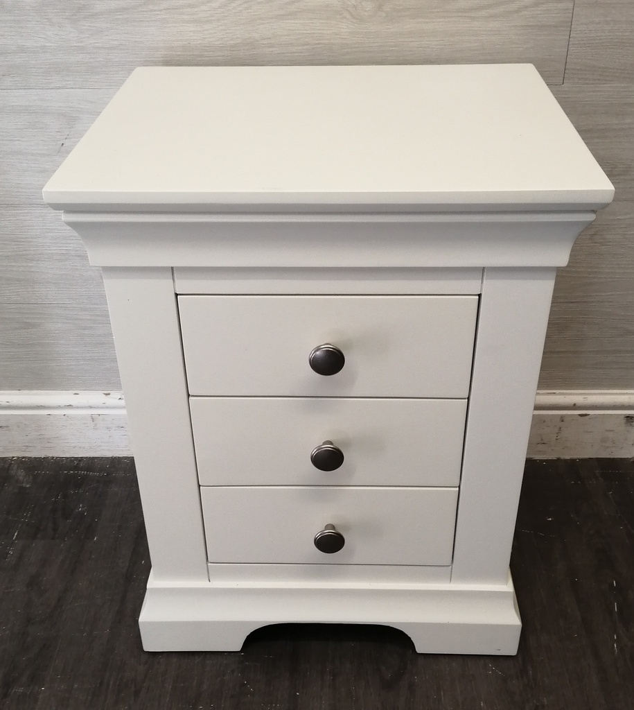 Quality three drawer white bedside