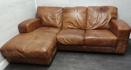 [HF16715] DISTRESSED TAN LEATHER THREE SEATER l shape SOFA