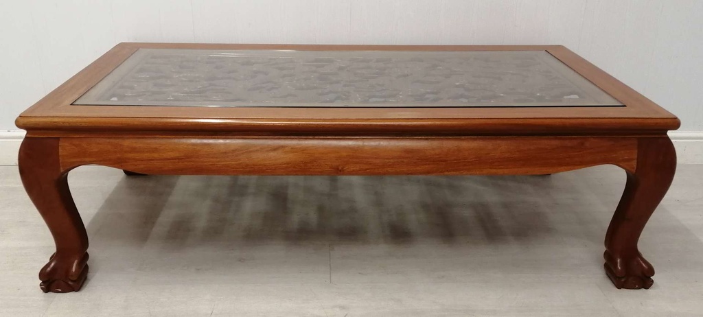 Large Darkwood Glass Top Detailed Coffee Table