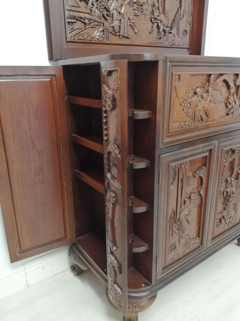 Antique Chinese Dark Wood Drinks Cabinet Carved