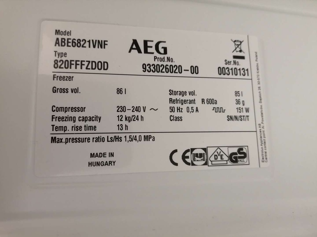 AEG ABE6821VNF Integrated Undercounter Freezer, 60cm Wide, White