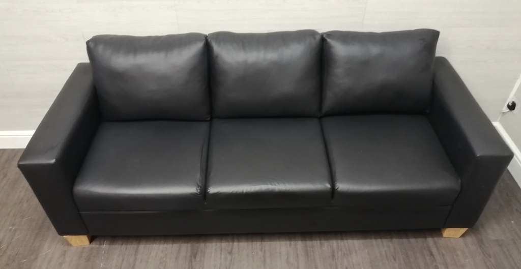 modern black faux leather three seater sofa