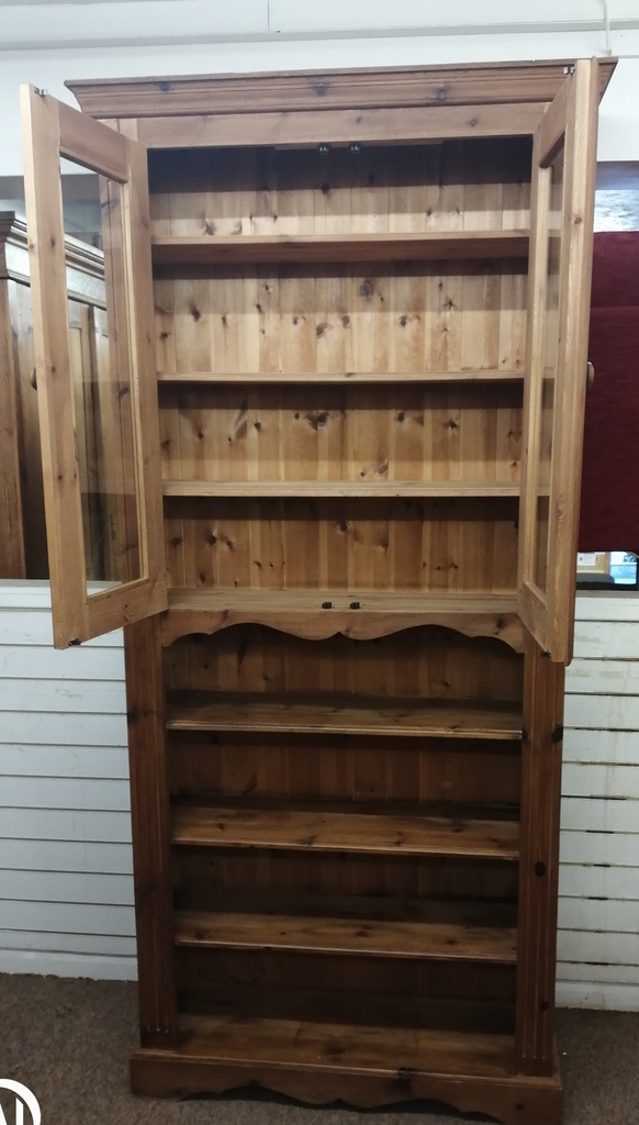 tall solid pine glazed bookcase cupboard unit