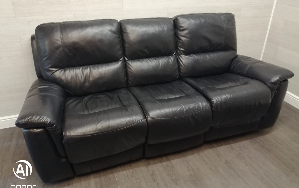 BLACK  LEATHER THREE SEATER RECLINER SOFA