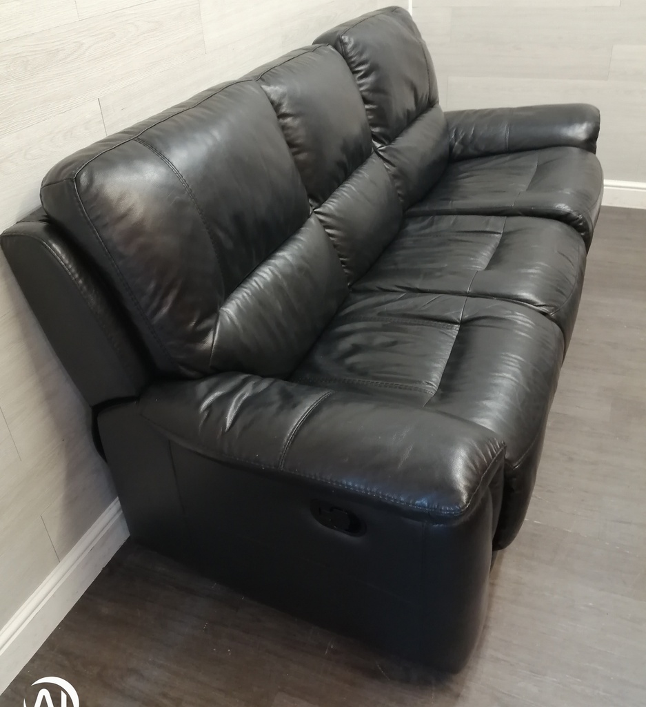 BLACK  LEATHER THREE SEATER RECLINER SOFA