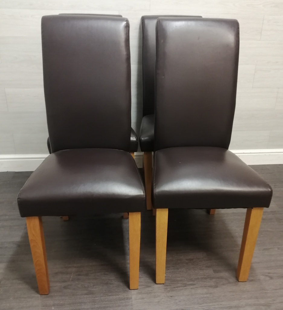 4 X brown FAUX LEATHER roll top DINING CHAIRS