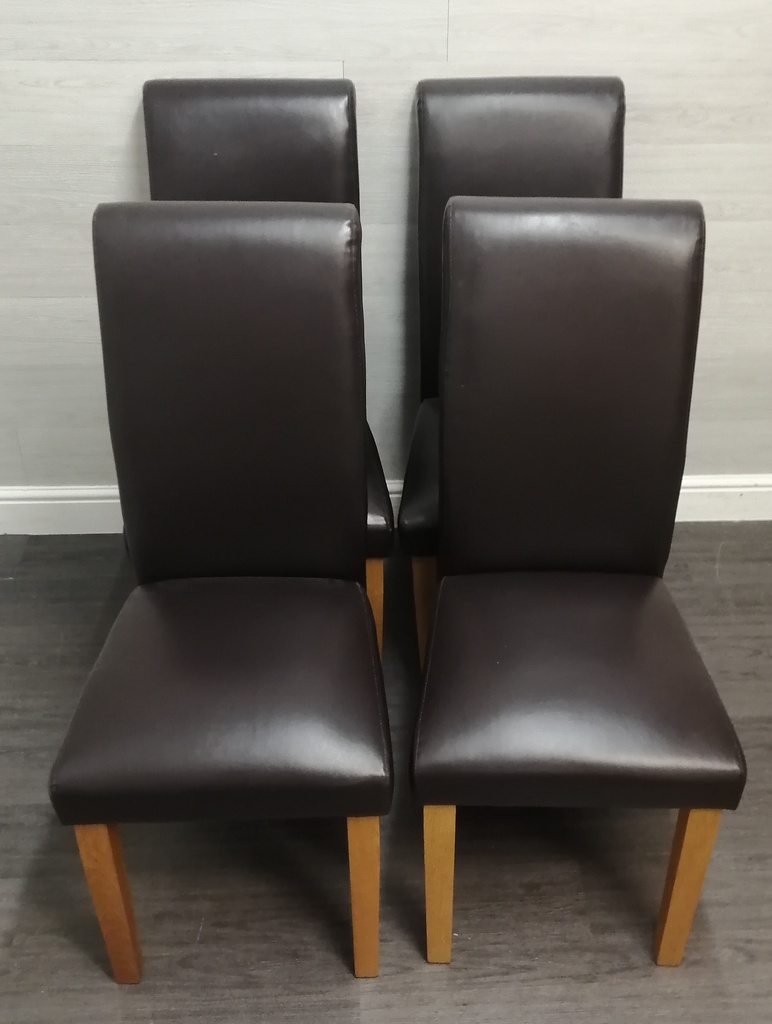 4 X brown FAUX LEATHER roll top DINING CHAIRS