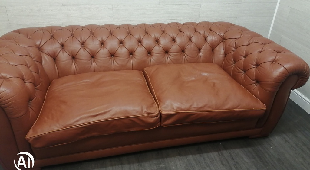 Large tan Leather Button Back Chesterfield Sofa