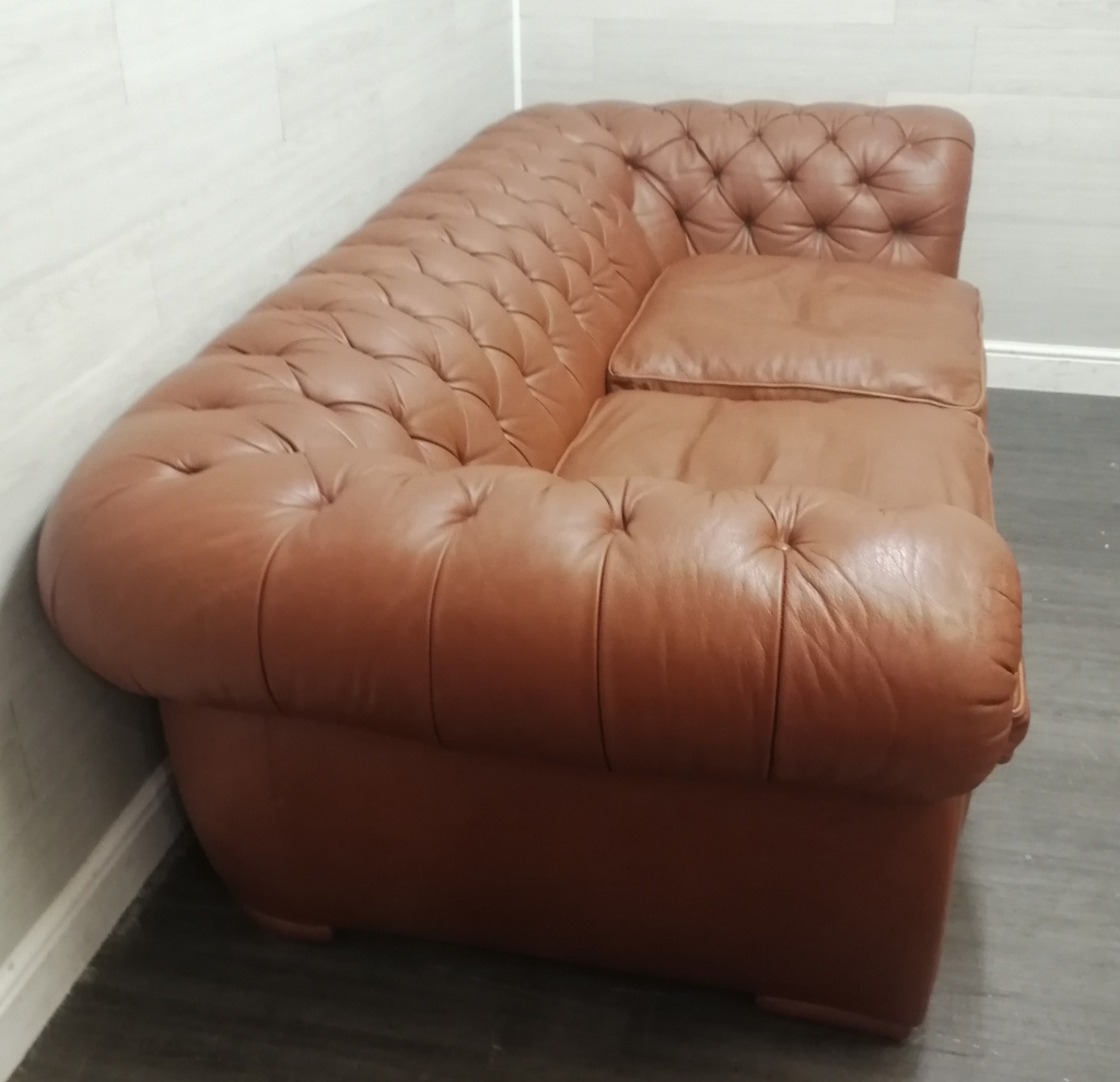 Large tan Leather Button Back Chesterfield Sofa