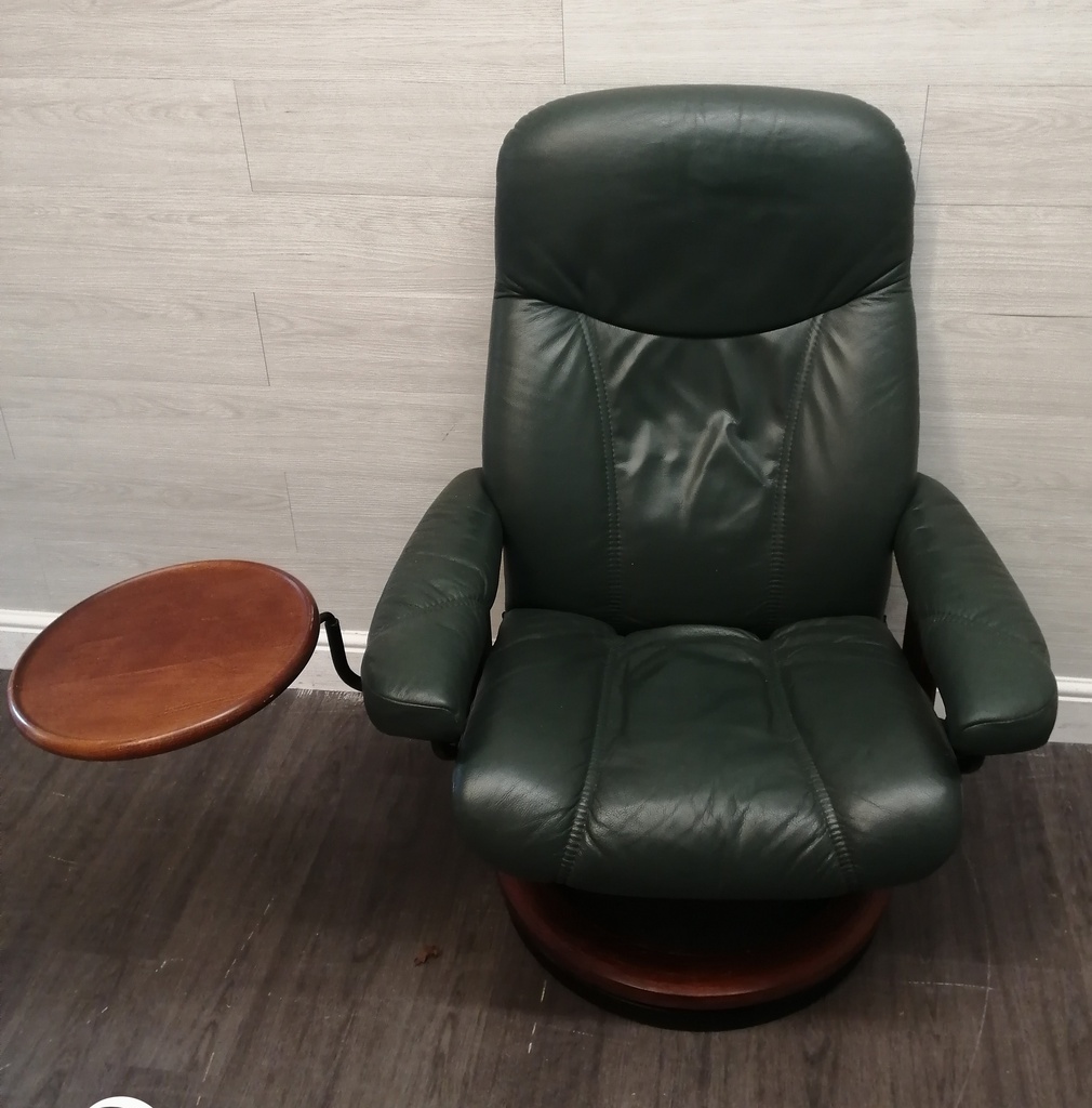 STRESSLESS Green Leather Recliner Chair with Footstool