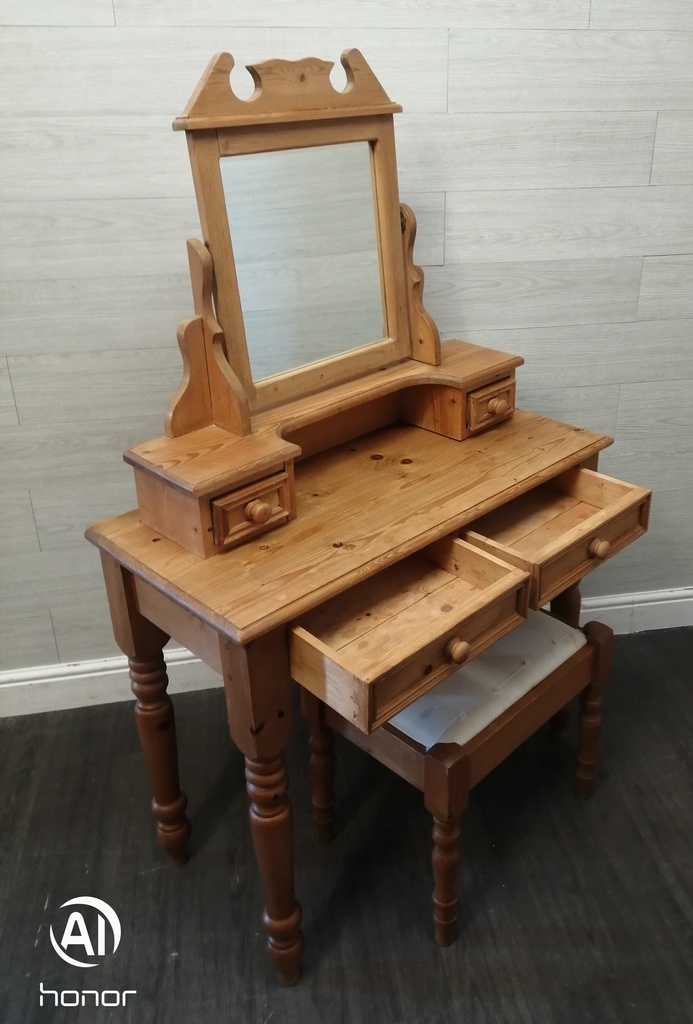 PINE DRESSING TABLE WITH MIRROR &amp; STOOL