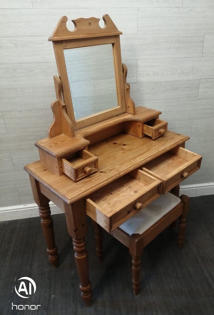 PINE DRESSING TABLE WITH MIRROR &amp; STOOL