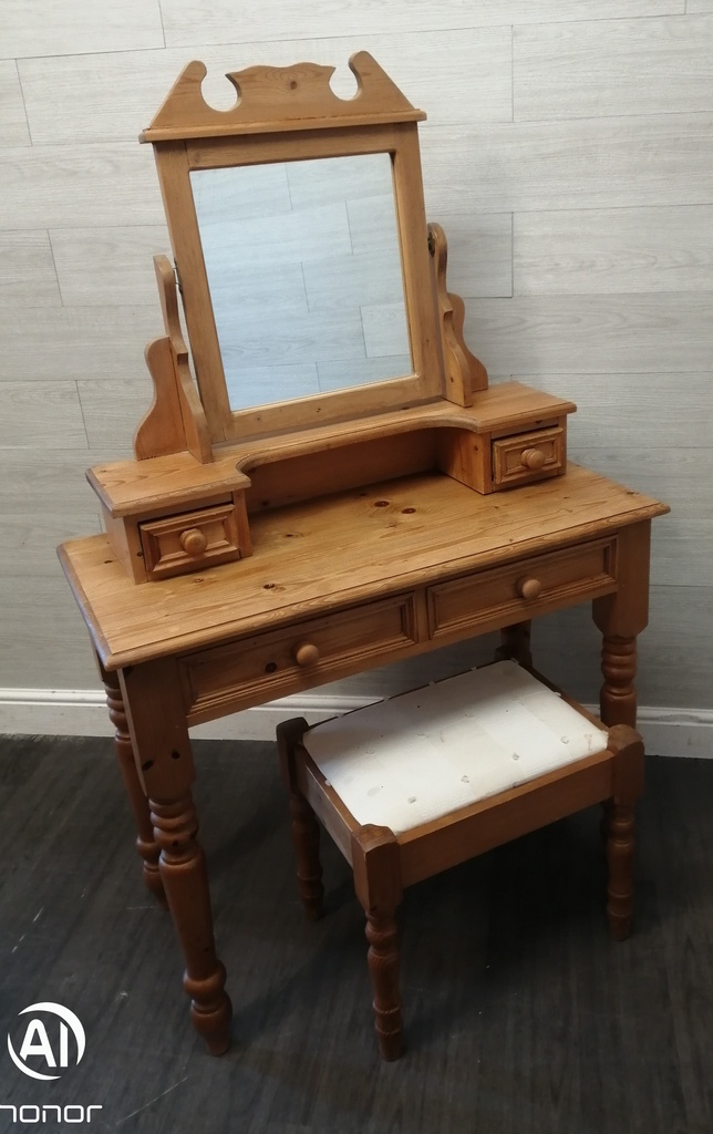 PINE DRESSING TABLE WITH MIRROR &amp; STOOL