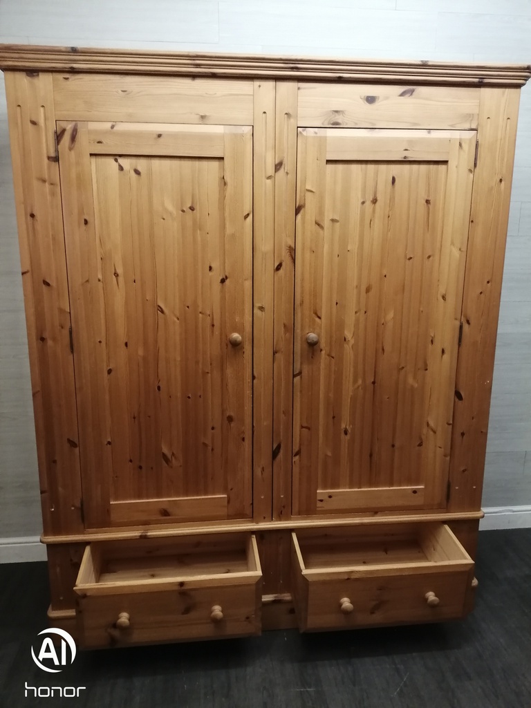 LARGE SOLID PINE DOUBLE WARDROBE WITH DRAWERS