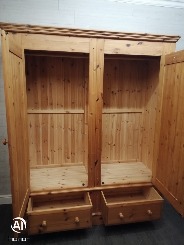 LARGE SOLID PINE DOUBLE WARDROBE WITH DRAWERS