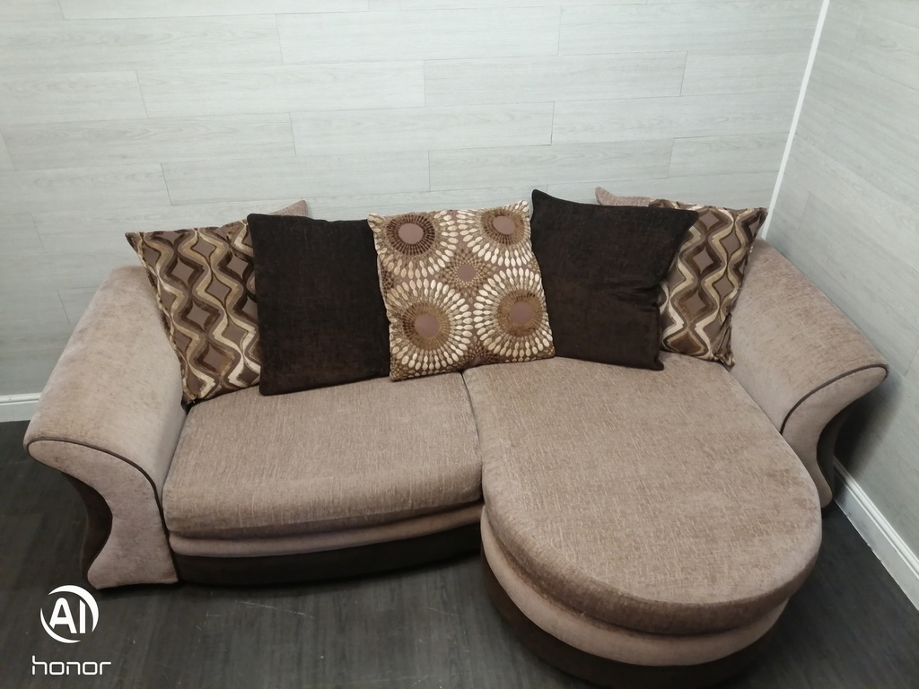 large DFS brown toned four SEATER CHAISE-END SOFA