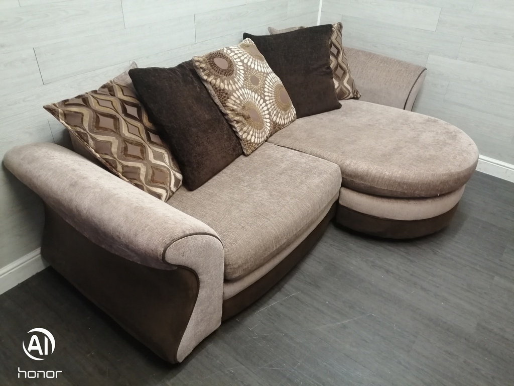 large DFS brown toned four SEATER CHAISE-END SOFA