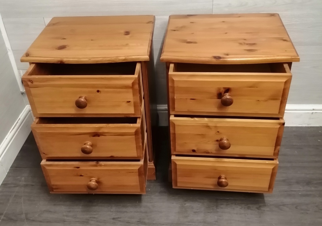 PAIR  PINE THREE DRAWER BEDSIDES CHESTS
