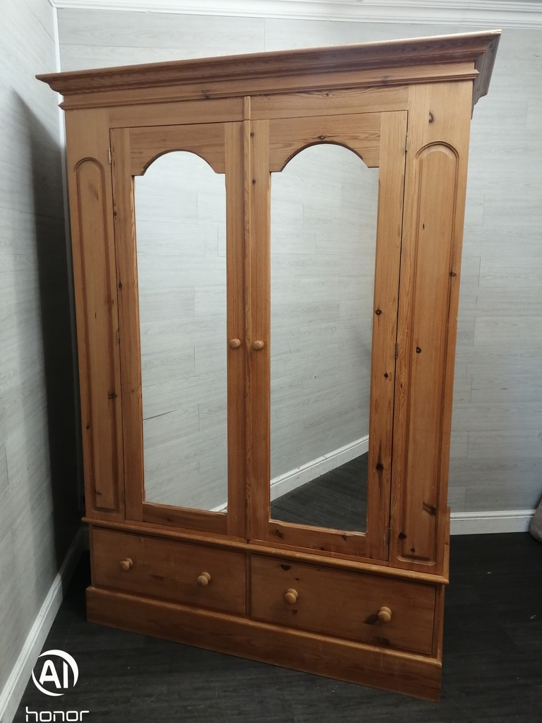 QUALITY LARGE 2 DOOR PINE WARDROBE with mirrors