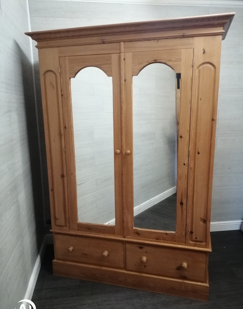 QUALITY LARGE 2 DOOR PINE WARDROBE with mirrors