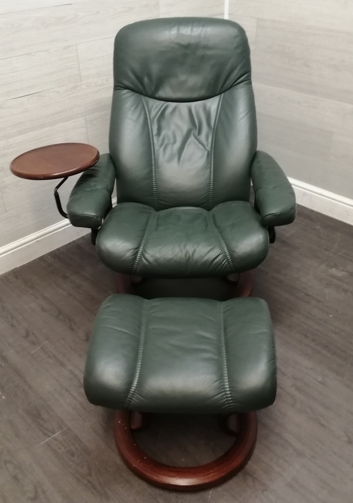 STRESSLESS Green Leather Recliner Chair with Footstool